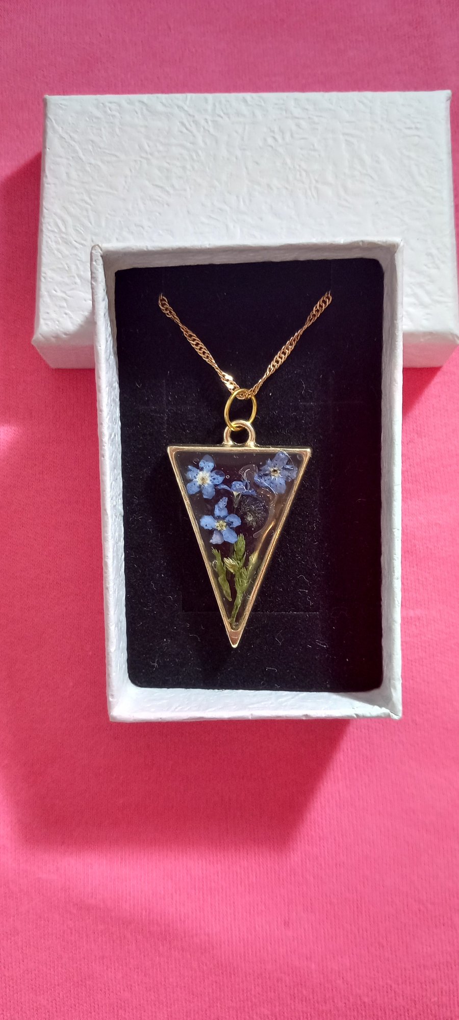 Dried flower gift boxed necklace, Forget me not flowers pendant Keepsake jewelry