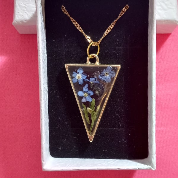 Dried flower gift boxed necklace, Forget me not flowers pendant Keepsake jewelry