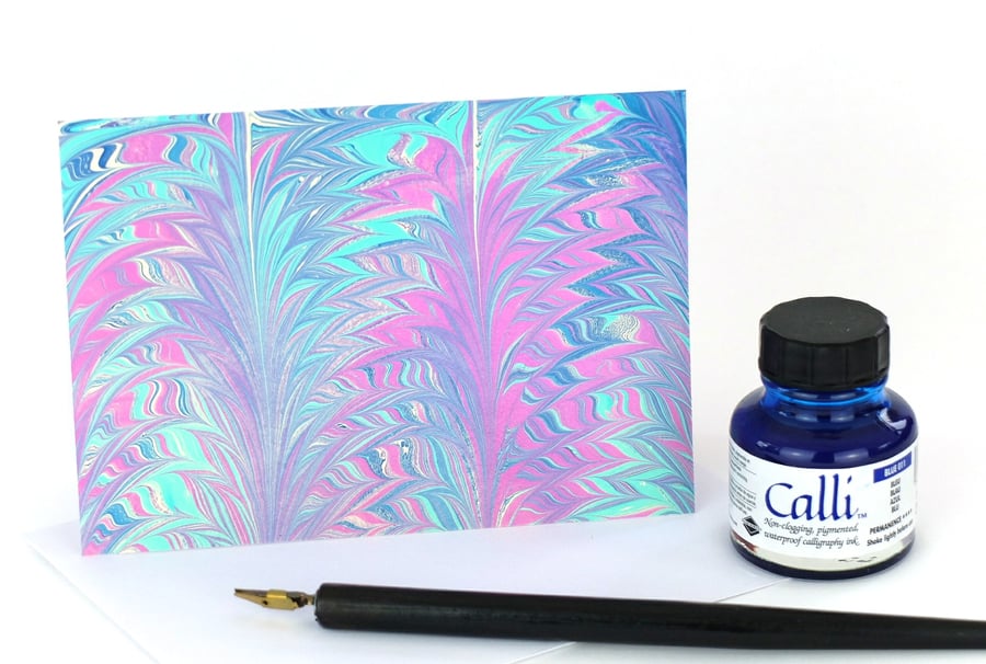 Pretty iridescent marbled paper art greetings card Palm pattern