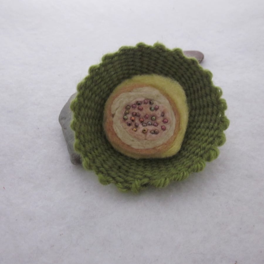Green Wool Woven Earthtones Felted Beaded Flower Brooch