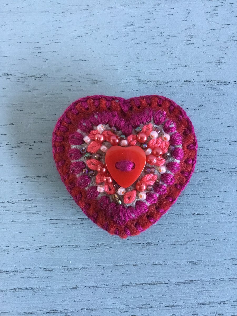 Embroidered Red Heart Brooch 