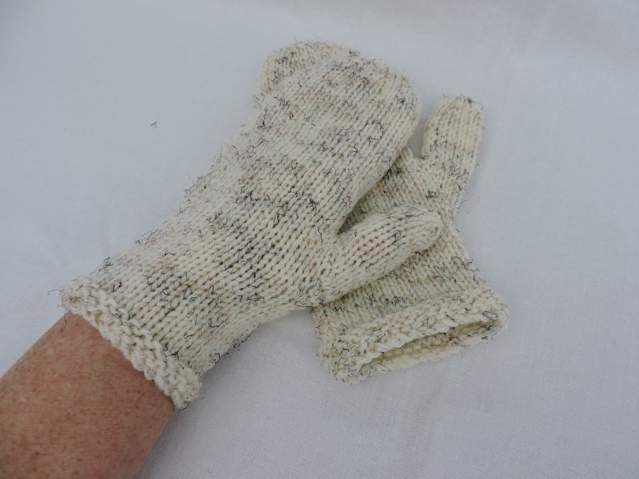 Sale Knitted Mittens for Adults Cream with flecks of charcoal and fawn