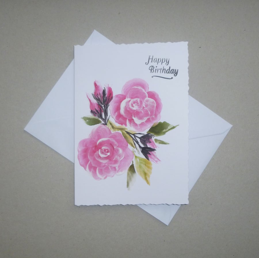hand painted floral art birthday card ( ref F 687 A4 )