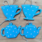 Teapot and teacup wooden wall hangings, spotted bright blue for kitchen decor