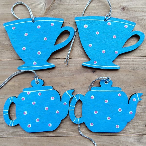 Teapot and teacup wooden wall hangings, spotted bright blue for kitchen decor