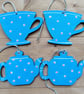 Teapot and teacup wooden wall hangings, spotted bright blue for kitchen decor