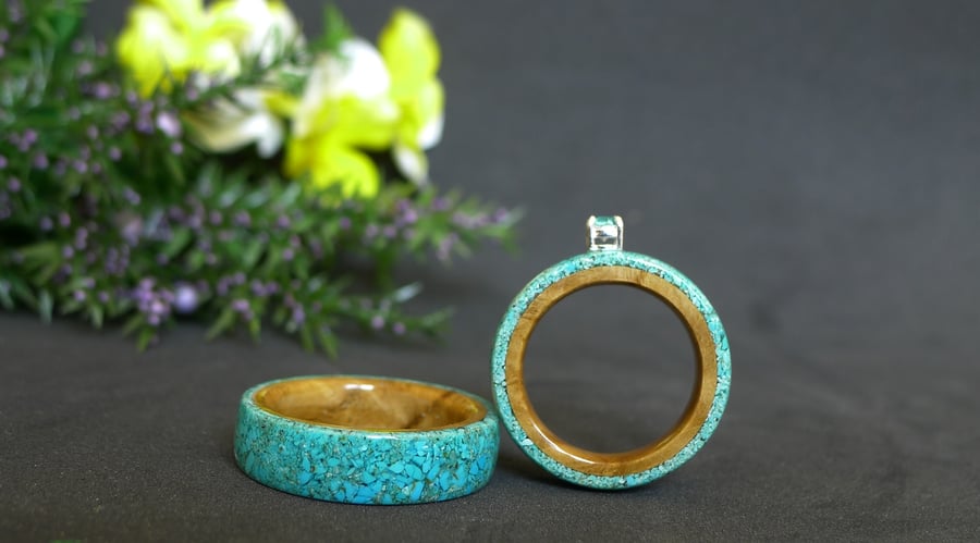Turquoise Stone & Oak Burr Wood Ring. Plain Band or With Stone Setting