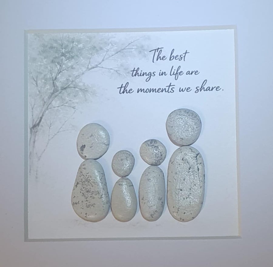 Family Pebble Art Deep Frame with Quote, Natural Sea Stone Art