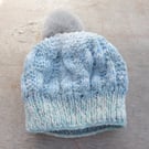 Bobble hat blue and white yarn faux fur pompom baby accessories.