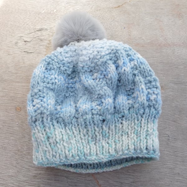 Bobble hat blue and white yarn faux fur pompom baby accessories.