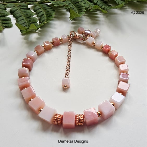 'A'A Grade Puruvian Pink Opal Rose Gold Vermeil  Sterling Silver Bracelet