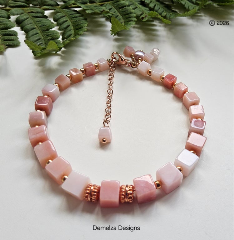 'A'A Grade Puruvian Pink Opal Rose Gold Vermeil  Sterling Silver Bracelet