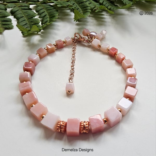 'A'A Grade Puruvian Pink Opal Rose Gold Vermeil  Sterling Silver Bracelet