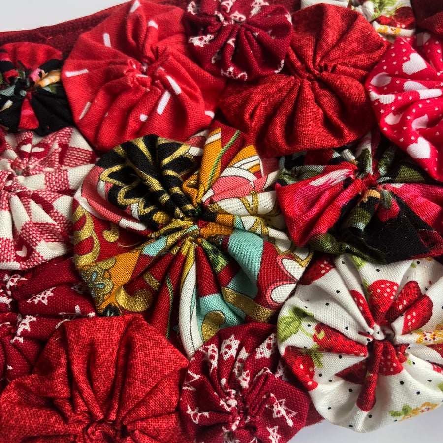 Red Cotton Fabric Zipped  Pouch with Red Suffolk Puff Decoration