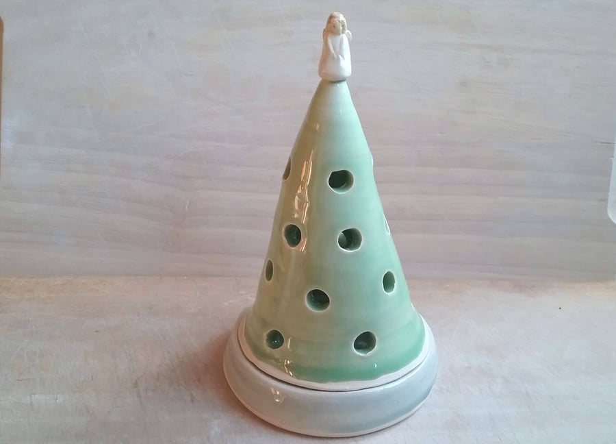 Handmade ceramic Christmas tree & angel tealight candle holder - pottery gift 