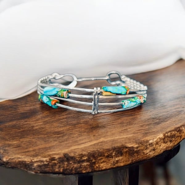 Sterling Silver Bangle - Imperial Jasper Beads - Gift Boxed
