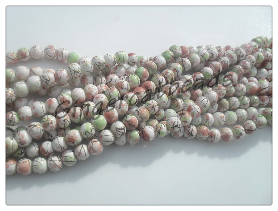 40 x Mottled Stone Effect Glass Beads - 6mm - White, Red & Green