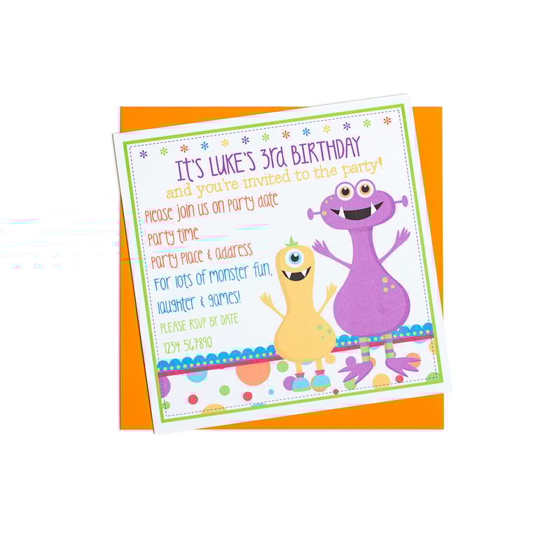 Personalised Monster Party Invitations - pack of 6