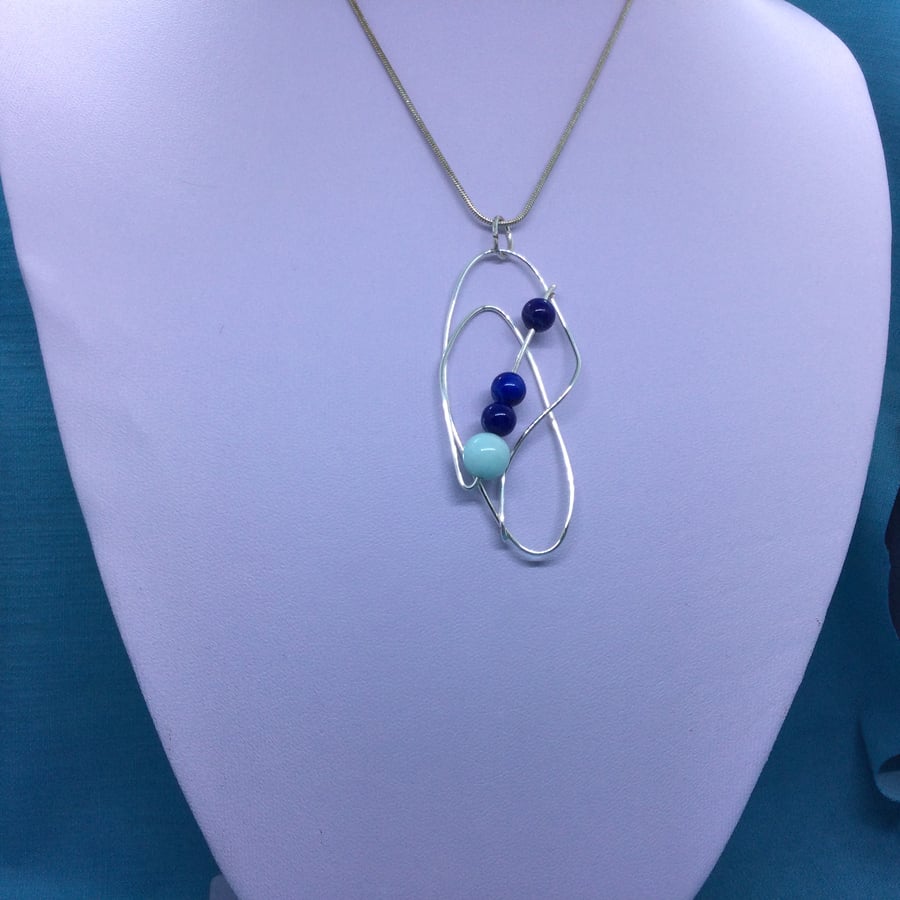 Inexpensive Silver Wire Outline Pendant with Blue Agate and Aquamarine Beads