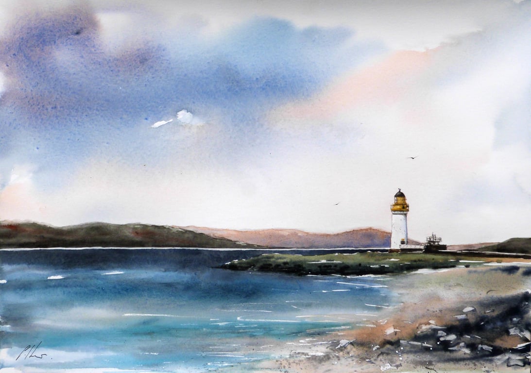 Rubha nan Gall lighthouse, Original Watercolour Painting.