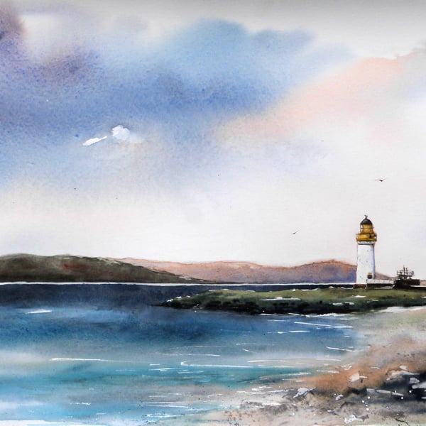 Rubha nan Gall lighthouse, Original Watercolour Painting.