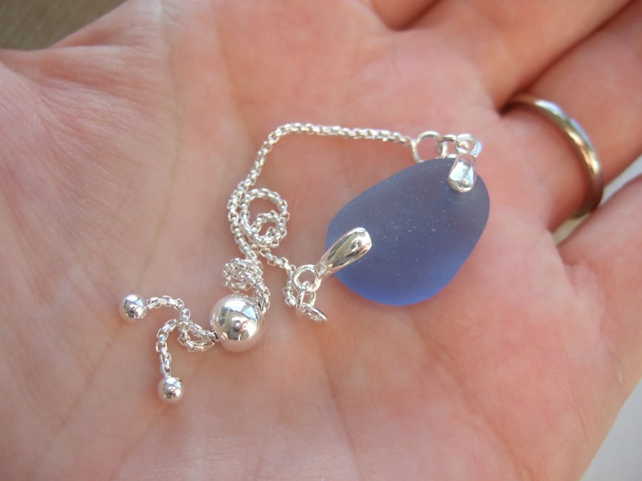 Seaham sea glass bracelet, adjustable sterling silver bracelet, blue beach glass