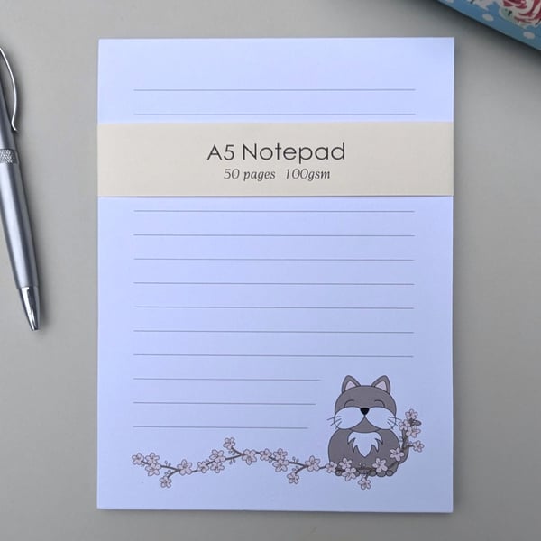 A5 notepad, cat notepad, cherry blossom notepad