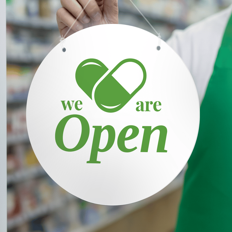 Pharmacy Open & Closed Sign – PillHeart: Hanging Door Sign for Chemist or Clinic