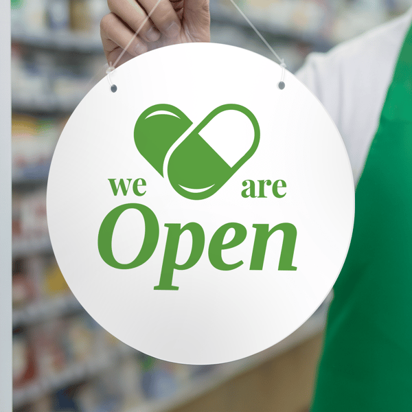 Pharmacy Open & Closed Sign – PillHeart: Hanging Door Sign for Chemist or Clinic