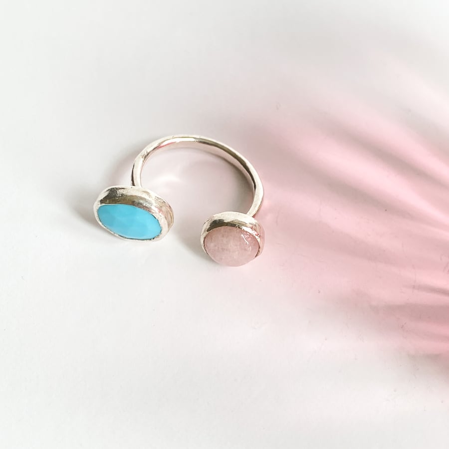 Turquoise and Kunzite Silver Open Ring 