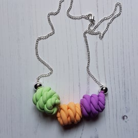 "Sugar Free" rope knots style beaded necklace - purple, orange, green