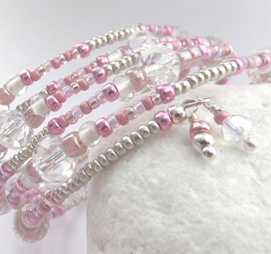 Pink and Crystal Beaded Wide Bangle