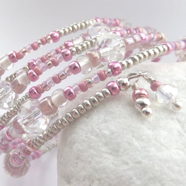 Pink and Crystal Beaded Wide Bangle