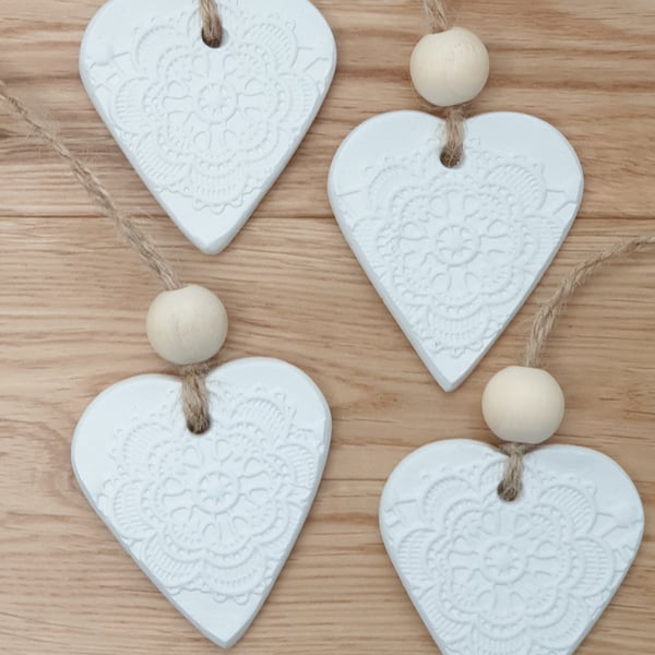 Clay heart gift tags, white textured lace heart decorations, set of 4
