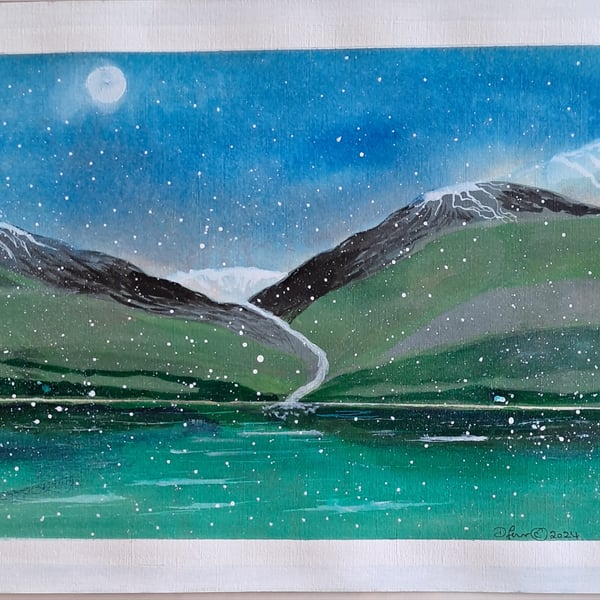 A mixed media painting of midnight on the fjord