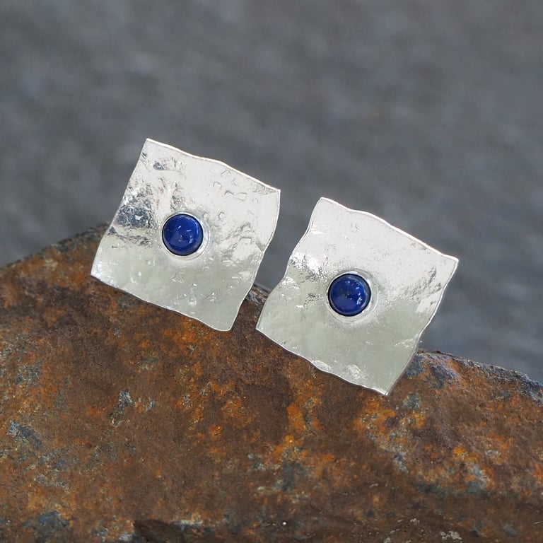 Lapis Lazuli Sterling Silver Stud Earrings, Square Silver Studs
