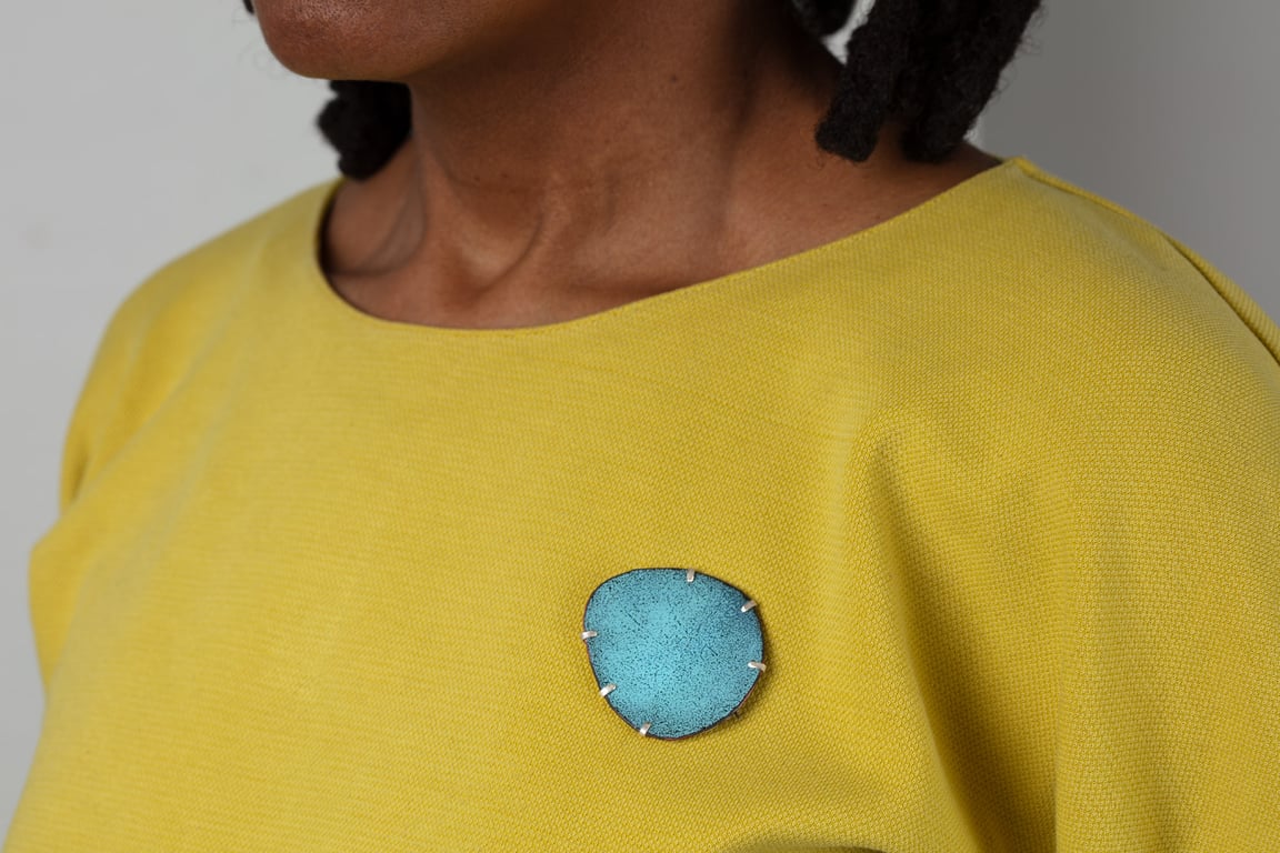 Sea Blue Enamel, Copper and Silver Brooch