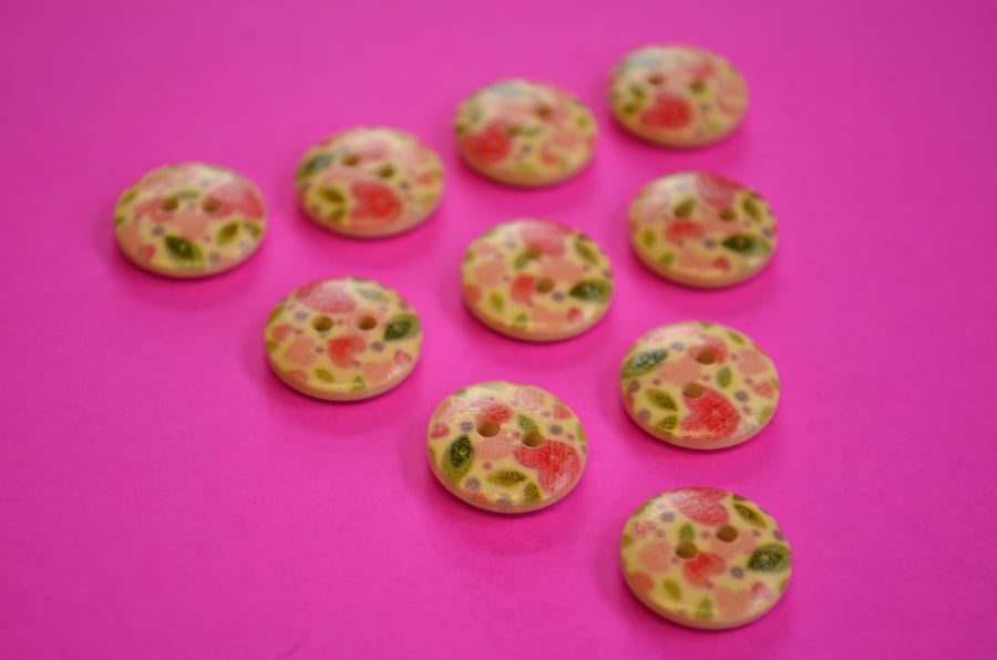 15mm Wooden Pink Green Heart Buttons Natural Wood 10pk (SNH1)