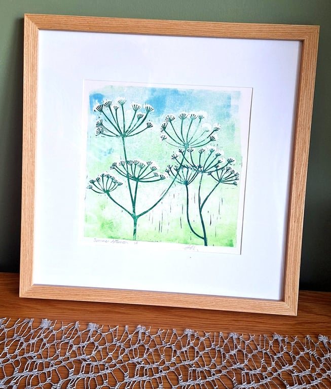 An original linoprint of cow parsley in a summers scene 'Summer Afternoon'