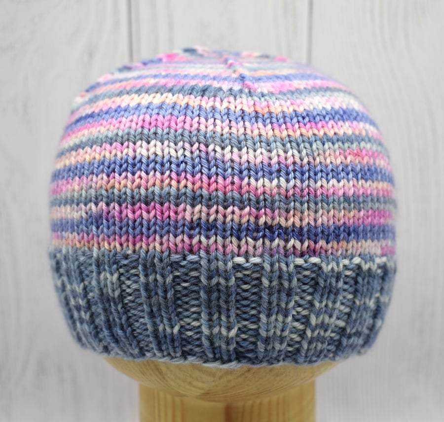 Hand knitted toddler hat - pinks, blues and purple stripes