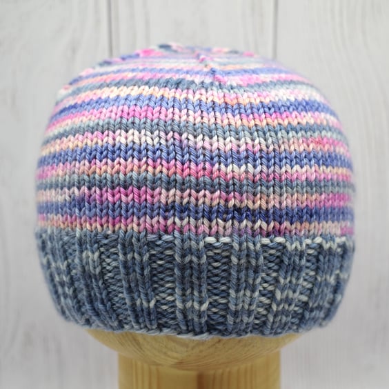 Hand knitted toddler hat - pinks, blues and purple stripes