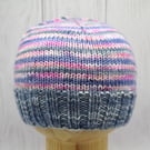 Hand knitted toddler hat - pinks, blues and purple stripes