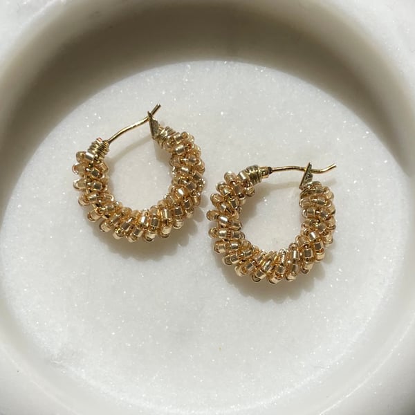 Beaded hoops – gold, small chunky hoop earrings
