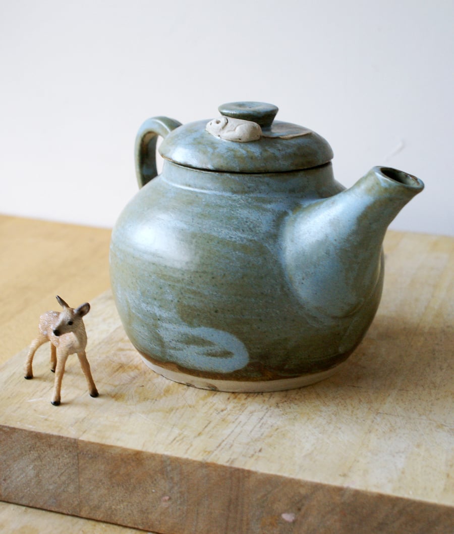 Pottery mouse teapot - wheel thrown and glazed in smokey blue