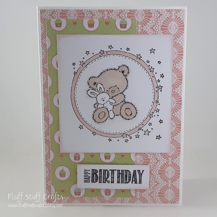Handmade child's birthday card - teddy and bunny