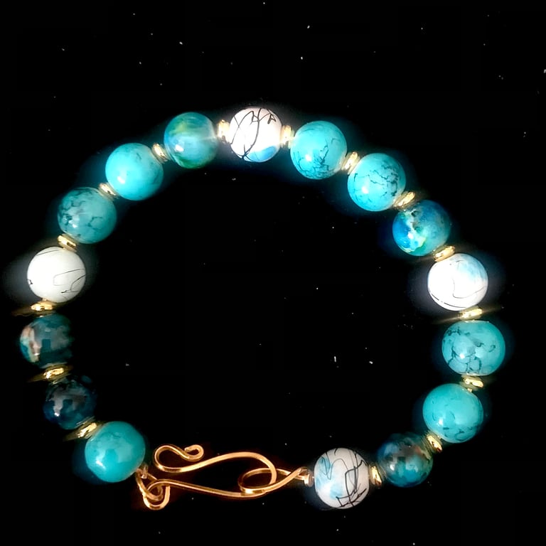 Boho Gold Bangle Bracelet - Turquoise & Gold Rondelle Beads