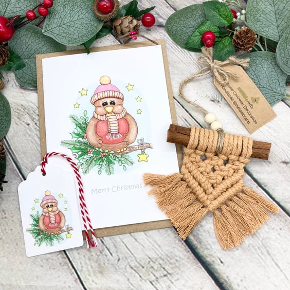 Christmas Robin Card & Macrame Decoration Gift Set - Christmas Robin