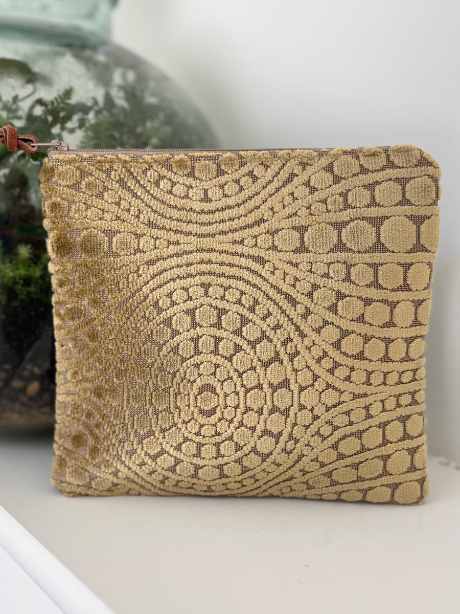 Chenille and denim square pouch with liberty lining