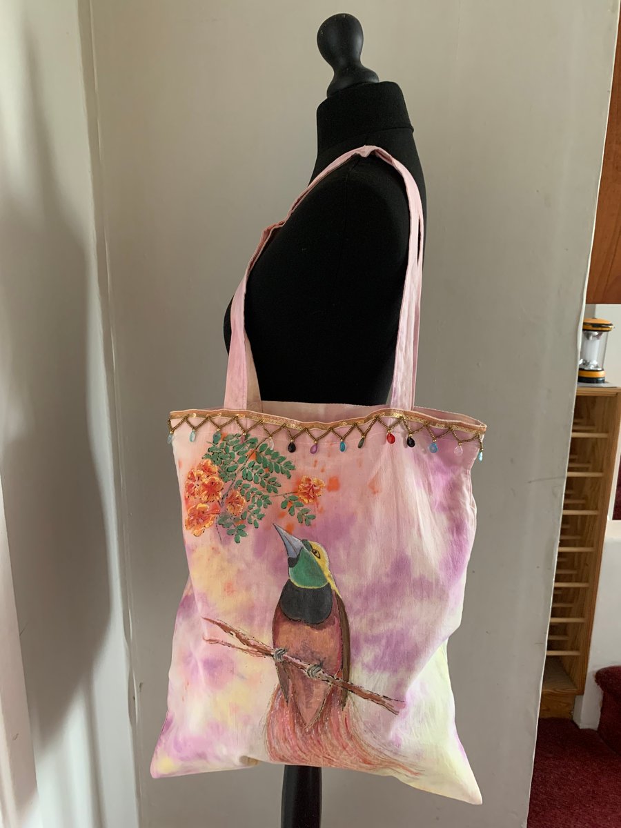 Tie dyed hand painted tote with bird of paradise design 