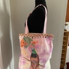 Tie dyed hand painted tote with bird of paradise design 